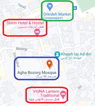 Карта отеля,супермаркета и достопримечательности Кашана